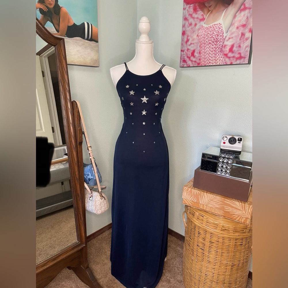 Vintage navy blue prom dress with silver stars